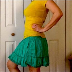 Juniors L teal peasant mini skirt with lace detail